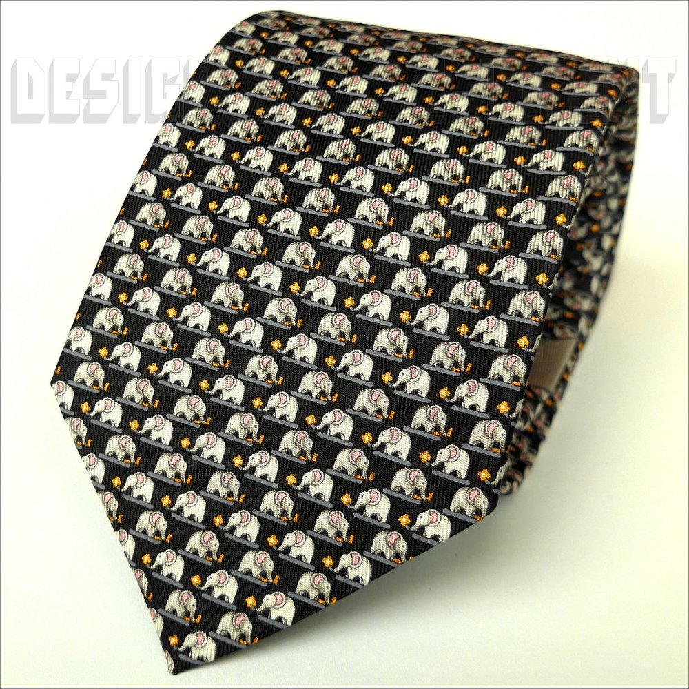 SALVATORE FERRAGAMO Black gray ELEPHANTS yellow FLOWERS Silk Neck Tie NWT + box